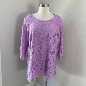 Isaac Mizrahi Live! Womens Plus 1X Lavender Lace Overlay Tunic Top 3/4 Sleeve